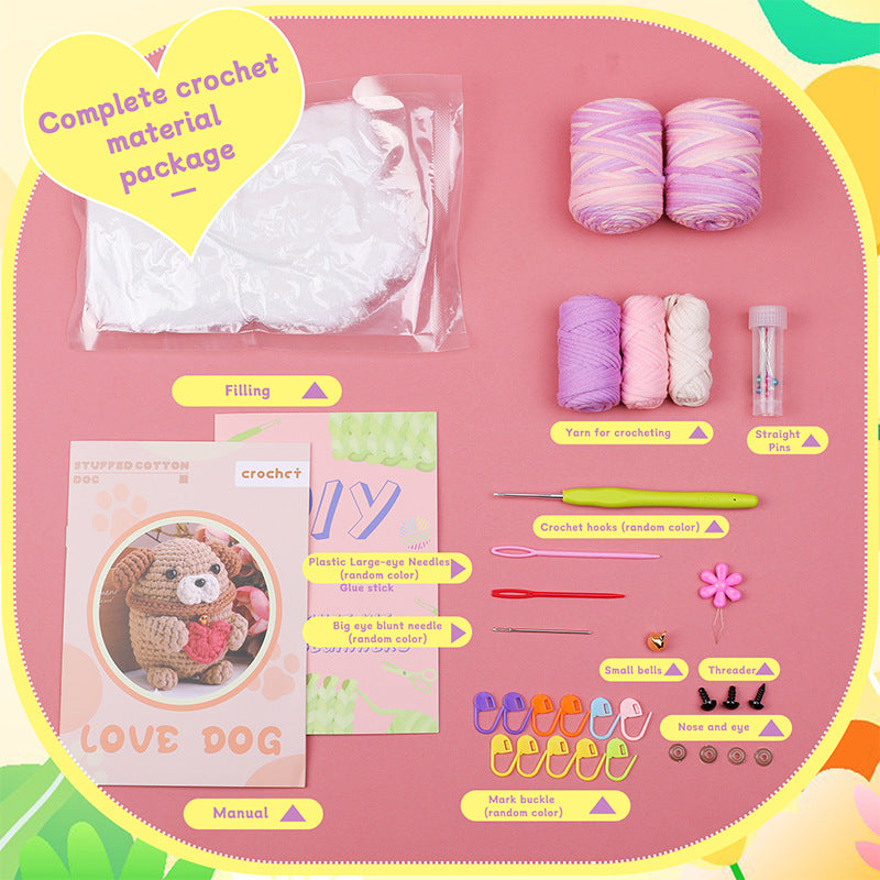 Dazzling Pink Purple Stuffed Cotton Puppy Hand Knitting Material Kit